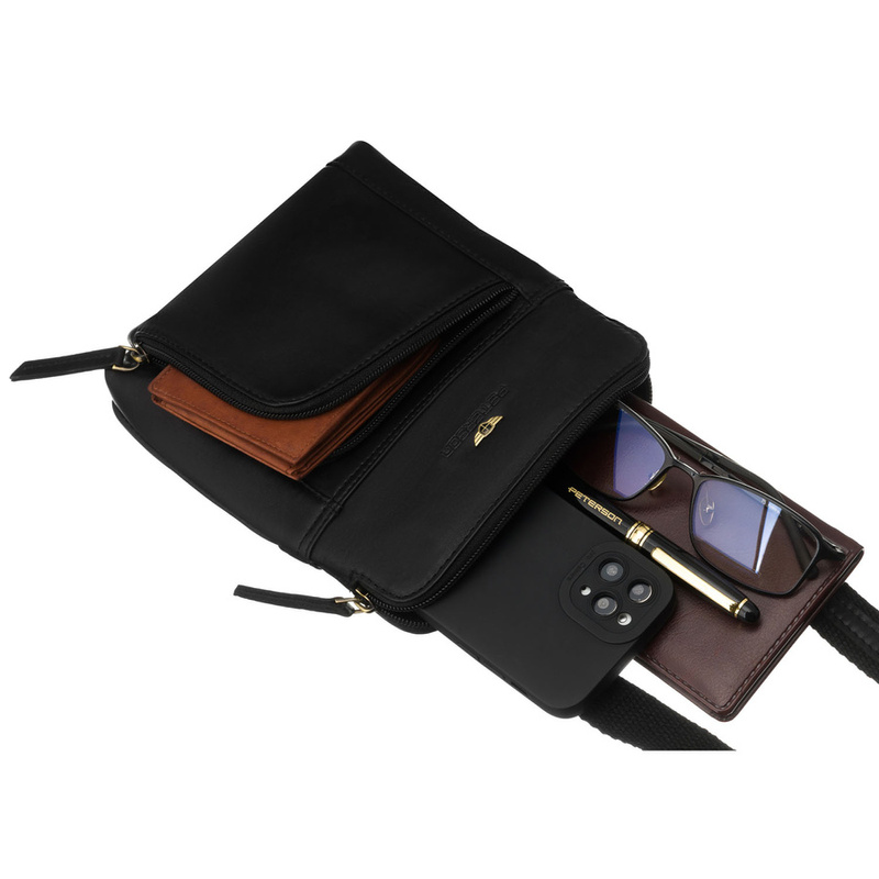 Męska listonoszka ze skóry naturalnej w czarnym kolorze, jednokomorowa i zamykana suwakiem - Peterson