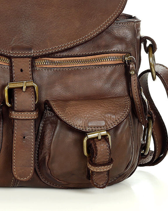 MARCO MAZZINI Skórzana torebka listonoszka z kieszeniami safari handmade bag brąz