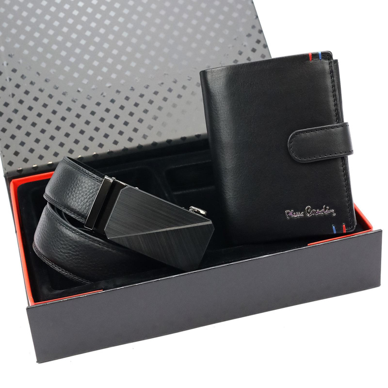 Pierre Cardin męski pasek do spodni i portfel zestaw ze skóry naturalnej