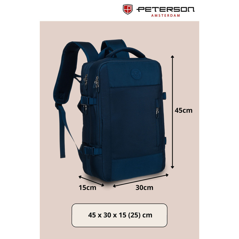 Plecak podróżny wykonany z cordury w granatowym kolorze, wyposażony w port USB - Peterson