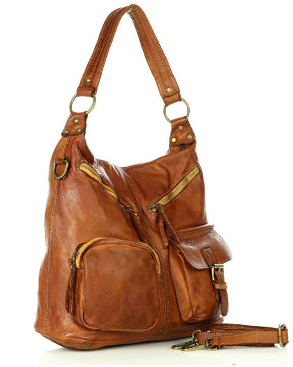 Torebka skórzana na ramię pockets old pelle lavata - MARCO MAZZINI brąz camel