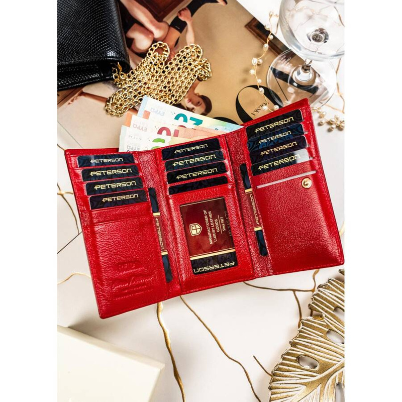 Elegancki skórzany portfel damski czerwony w motyle - Peterson