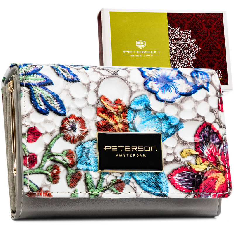 Wielokolorowy portfel damski ze skóry naturalnej zamykany zatrzaskiem i biglem - Peterson