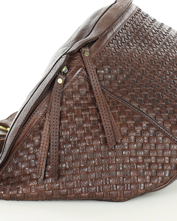 Duża torebka nerka półksiężyc skóra pleciona - MARCO MAZZINI czekoladowy brąz