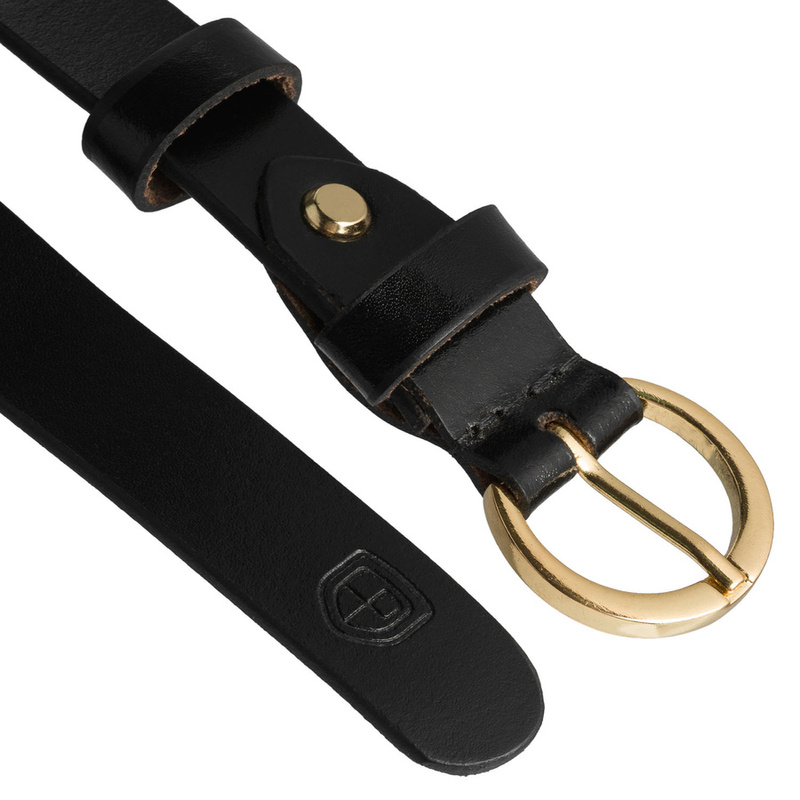 Skórzany pasek damski w czarnym kolorze ze złotą, klasyczną klamrą - Peterson