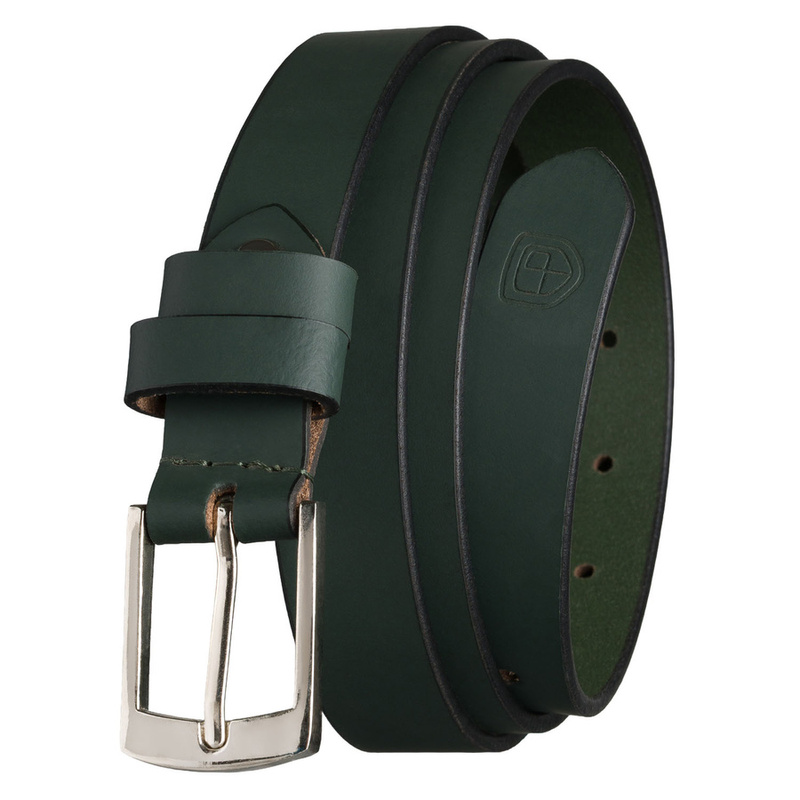 Skórzany, zielony pasek damski ze srebrną, klasyczną klamrą - Peterson