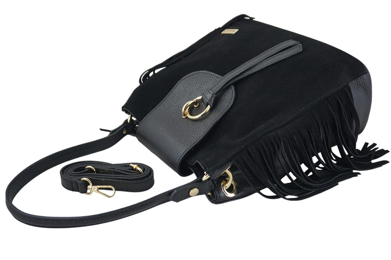 Skórzana torebka boho z frędzlami - Czarna