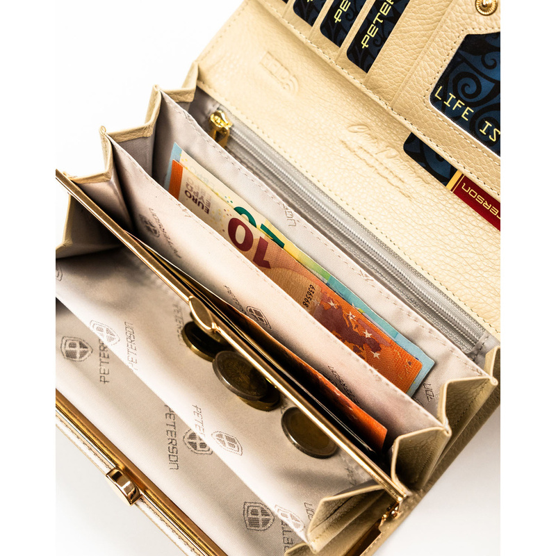 Duży portfel damski ze skóry ekologicznej i naturalnej w złotym kolorze zamykany zatrzaskiem - Peterson