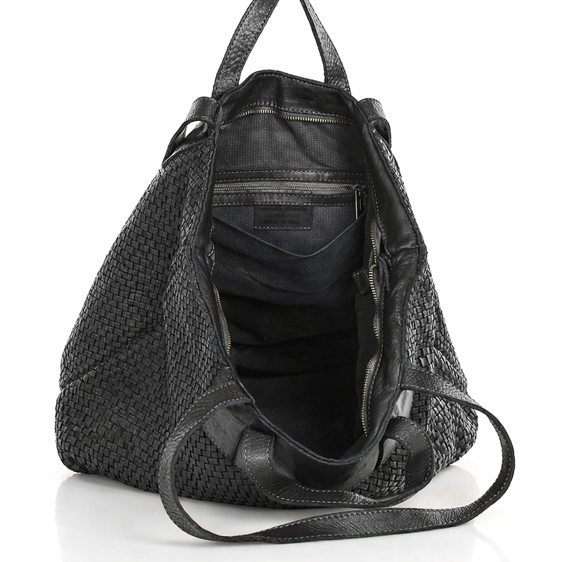 Torba damska pleciona shopper & shoulder leather bag - MAZZINI czarna