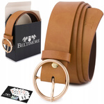 Skórzany pasek damski do spodni sukienki camelowy skóra nat. 3,5 cm Beltimore B86 : Kolory - brązowy, beżowy, Rozmiar pasków - r.95-110 cm