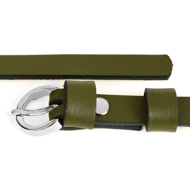 Pasek damski wąski solidny skórzany do sukienki khaki S19 : Kolory - zielony, Rozmiar pasków - r.105-120 cm