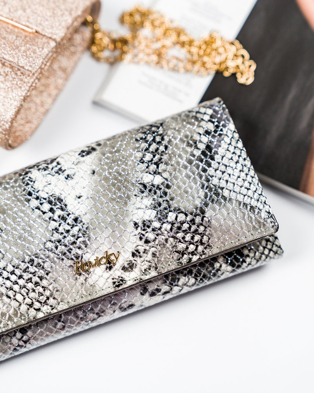 Rovicky skórzany damski portfel podłużny duży wzór skóra węża system RFID