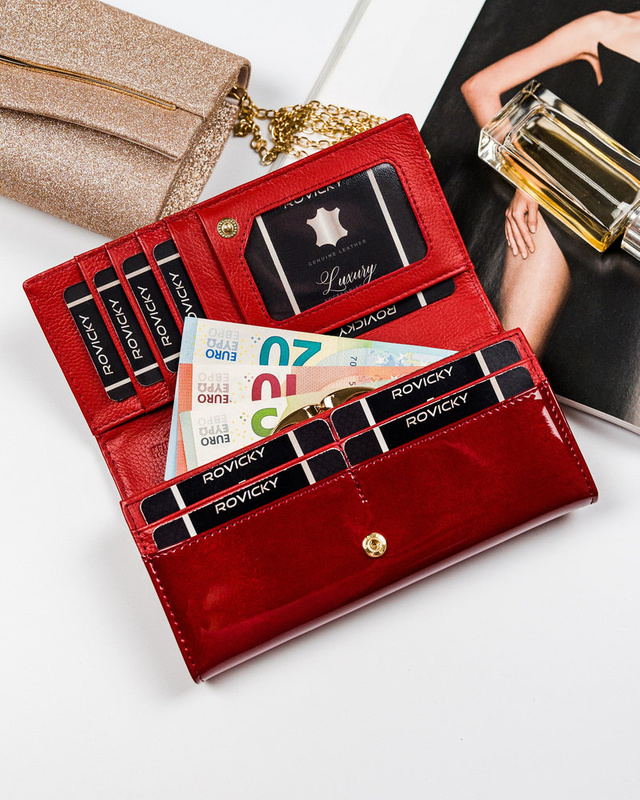 Rovicky portfel damski skóra naturalna lakierowana portmonetka duża RFID