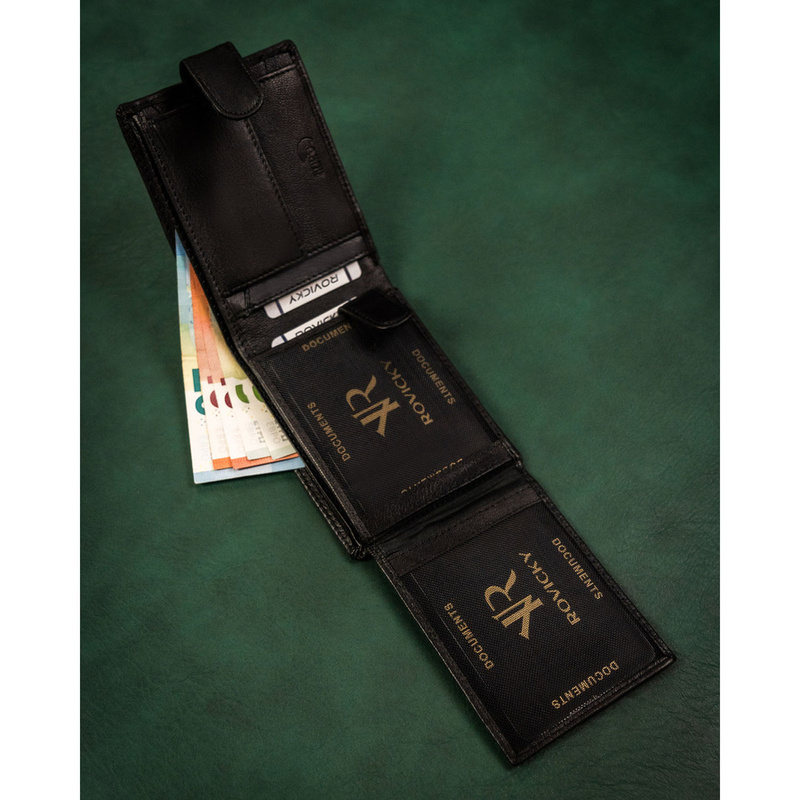 Duży, skórzany portfel męski w czarnym kolorze wyposażony w system RFID, zamykany zatrzaskiem - Rovicky