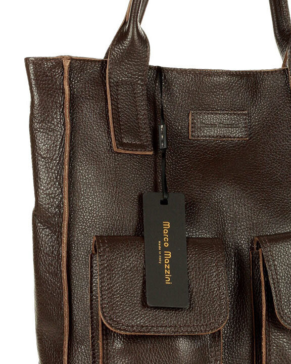 Torebka skórzany shopper bag z kieszeniami - MARCO MAZZINI Ravenna ciemny brąz caffe