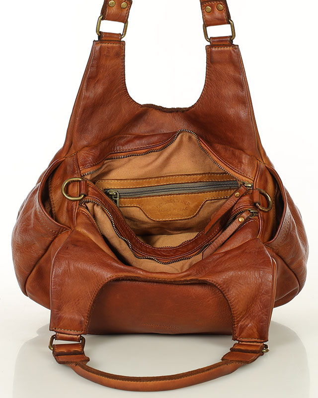 Włoska torebka skórzana z kieszenią z przodu retro bag handmade - MARCO MAZZINI brąz camel