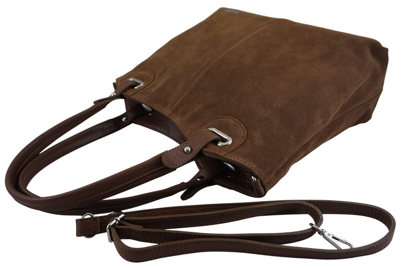 Duża elegancka torebka z naturalnej skóry i zamszu - Brązowa