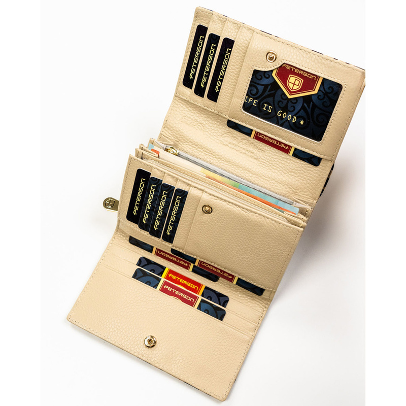 Portfel damski ze skóry ekologicznej i naturalnej w złotym kolorze z kieszenią zewnętrzną - Peterson