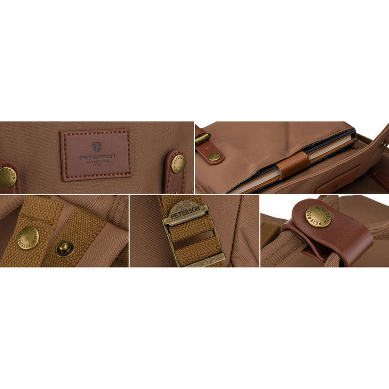 Plecak damski z poliestru i skóry ekologicznej w brązowym kolorze, jednokomorowy - Peterson