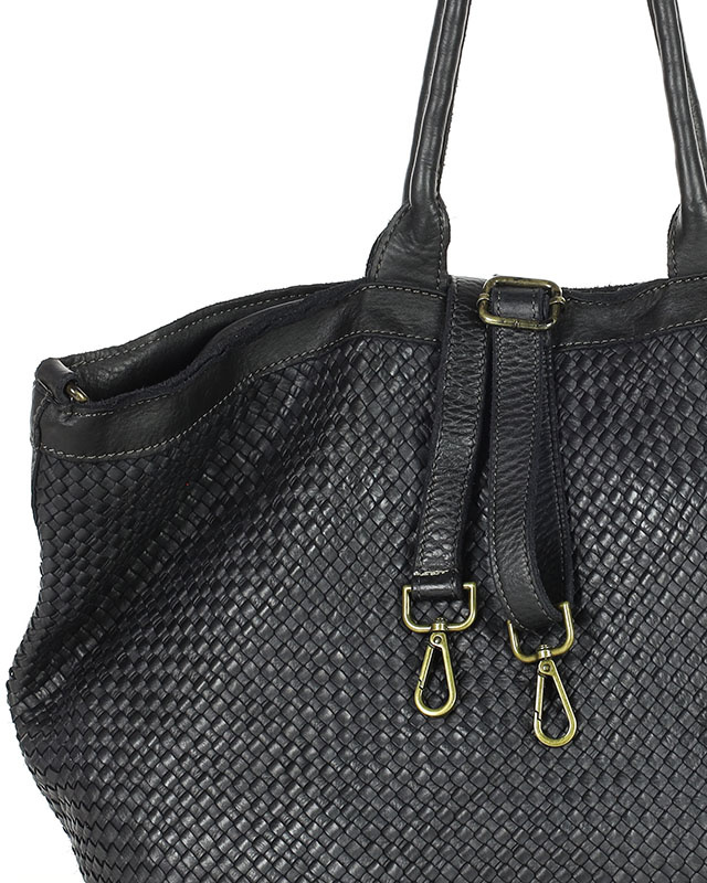 Duża torba shopper z plecionej skóry naturalnej - MARCO MAZZINI czarna