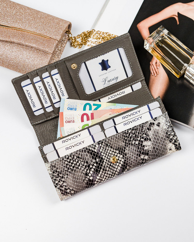 Rovicky podłużna damska portmonetka skóra naturalna portfel wzór węża RFID