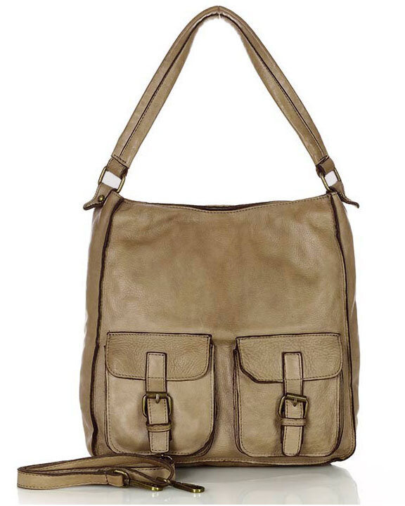 Torebka skórzana na ramię z kieszonkami safari leather bag - MARCO MAZZINI beż taupe