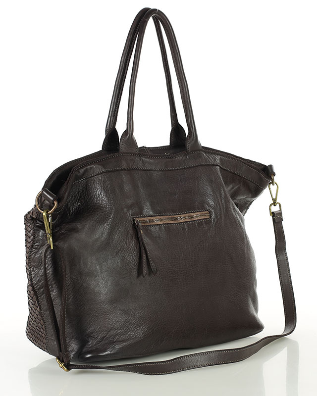 Duża torba shopper z plecionej skóry naturalnej - MARCO MAZZINI ciemnobrązowa caffe
