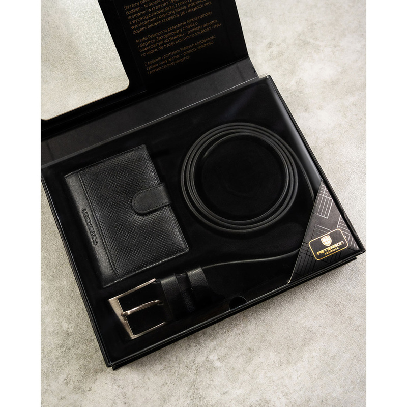 Zestaw prezentowy: skórzany, pionowy portfel męski w czarnym kolorze i czarny pasek ze skóry ekologicznej - Peterson