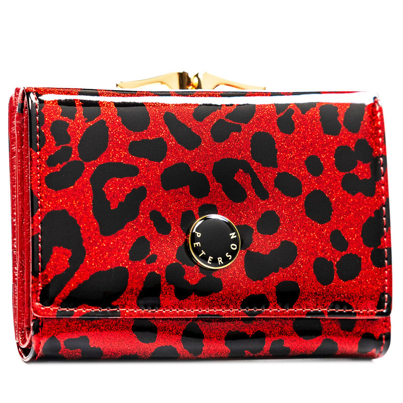 Czerwony portfel damski ze skóry ekologicznej i naturalnej w cętki, zamykany biglem i zatrzaskiem - Peterson