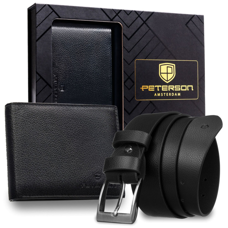 Zestaw prezentowy: skórzany, poziomy portfel męski w czarnym kolorze z systemem RFID i pasek ze skóry ekologicznej - Peterson