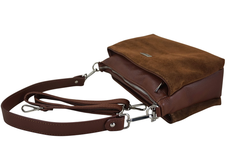 Pojemna torebka listonoszka ze skóry i zamszu - Brązowa