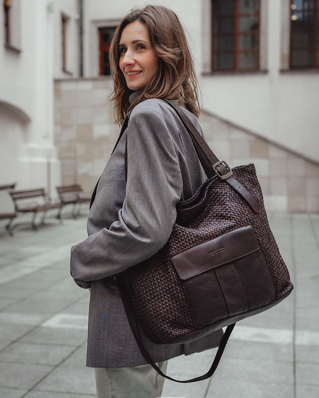 Duża torebka pleciona na ramię shopperka skórzana - MARCO MAZZINI ciemny brąz