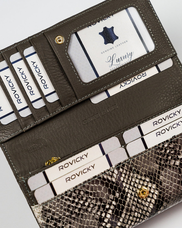 Rovicky podłużna damska portmonetka skóra naturalna portfel wzór węża RFID