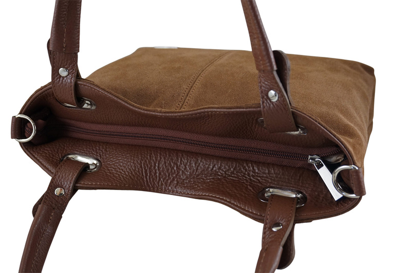 Duża elegancka torebka z naturalnej skóry i zamszu - Brązowa