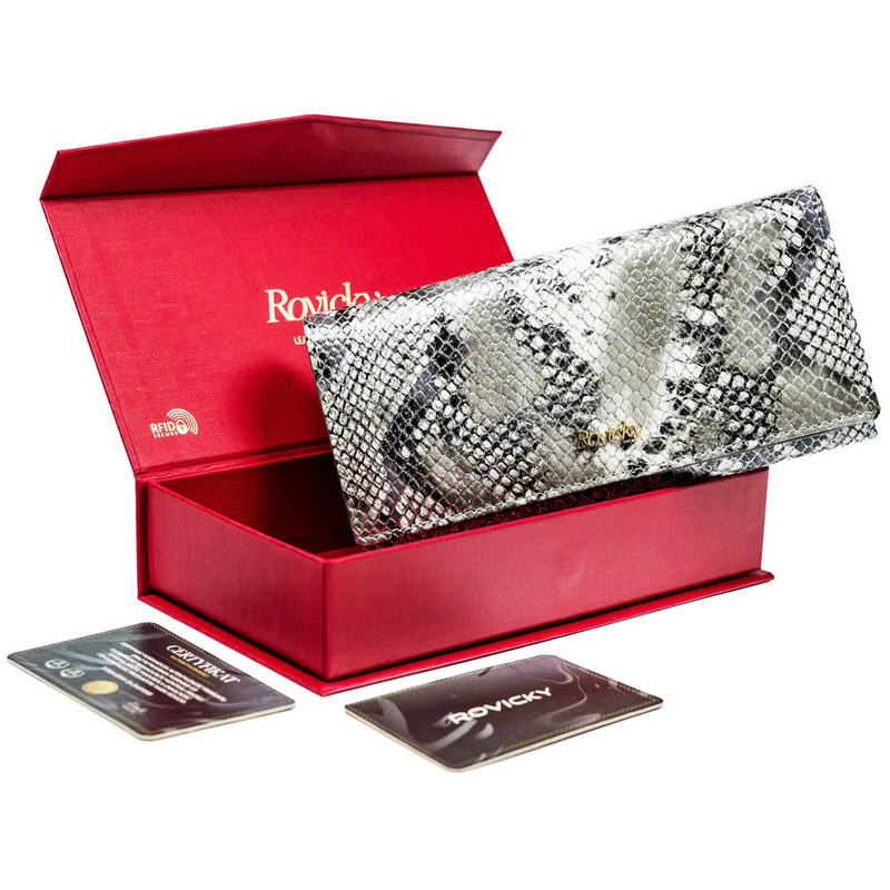 Rovicky skórzany damski portfel podłużny duży wzór skóra węża system RFID