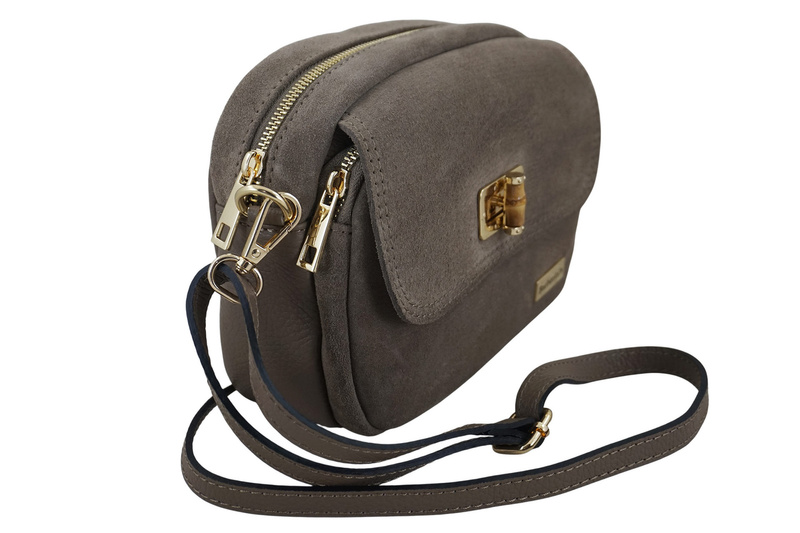 Mała zamszowa listonoszka ze złotym zapięciem - Beżowa ciemna