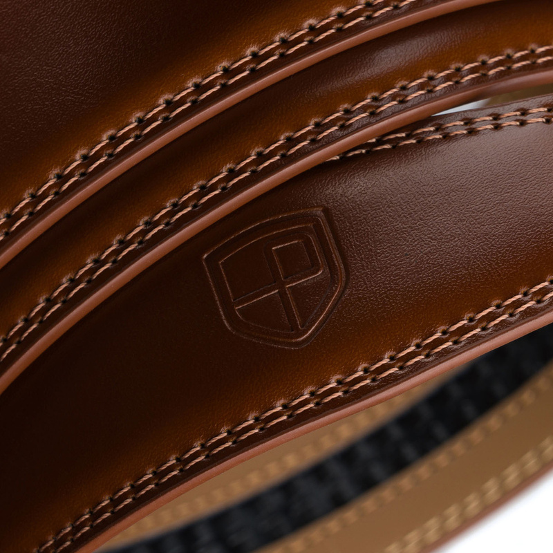 Pasek męski z automatyczną klamrą wykonany ze skóry naturalnej w brązowym kolorze - Peterson