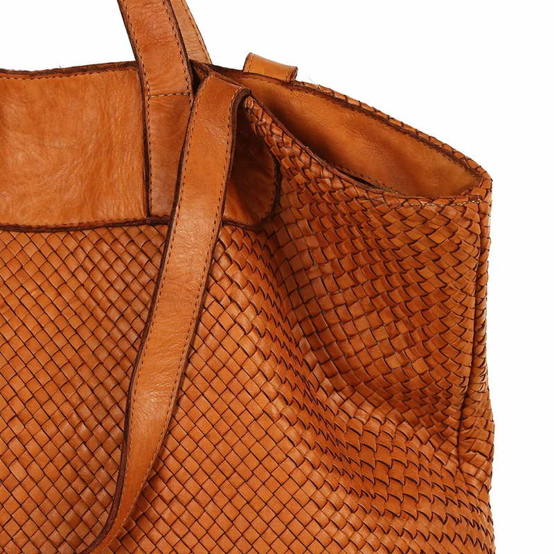 Torba damska pleciona shopper & shoulder leather bag - MAZZINI brąz karmel