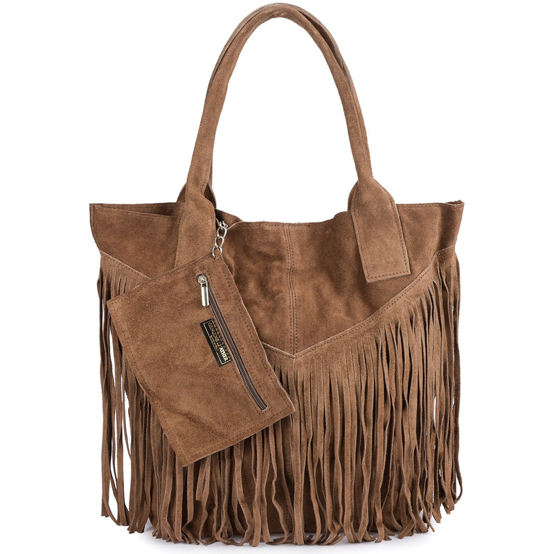 Torebka damska skórzana zamszowa A4 frędzel duża taupe L83