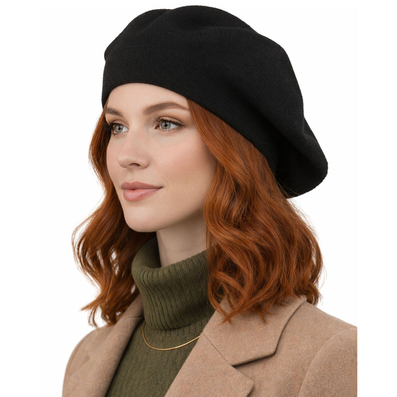Czarny, stylowy beret damski wykonany z akrylu - Peterson