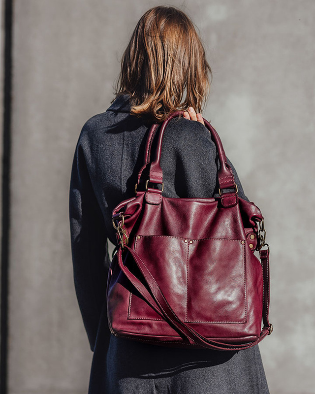 Torebka skórzana XL shopper vintage bag z kieszeniami vera pelle - MARCO MAZZINI burgund