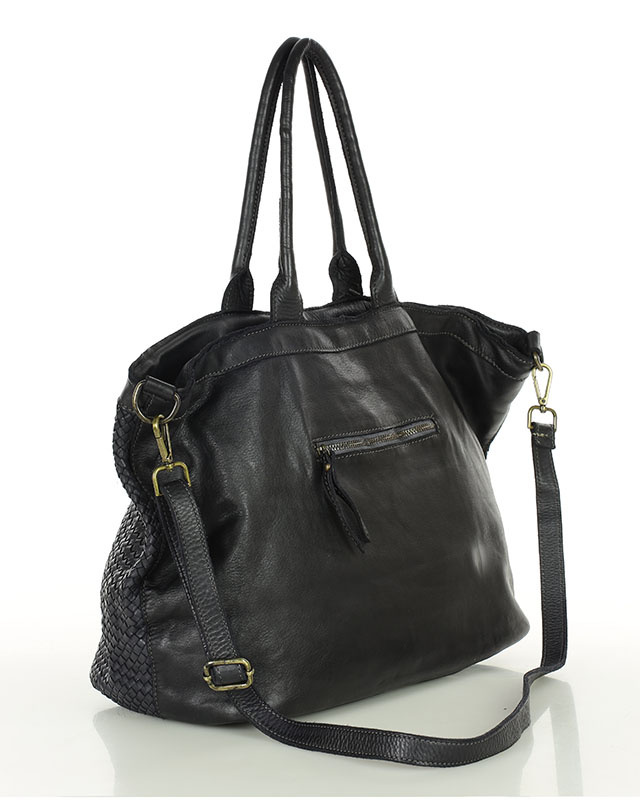 Duża torba shopper z plecionej skóry naturalnej - MARCO MAZZINI czarna