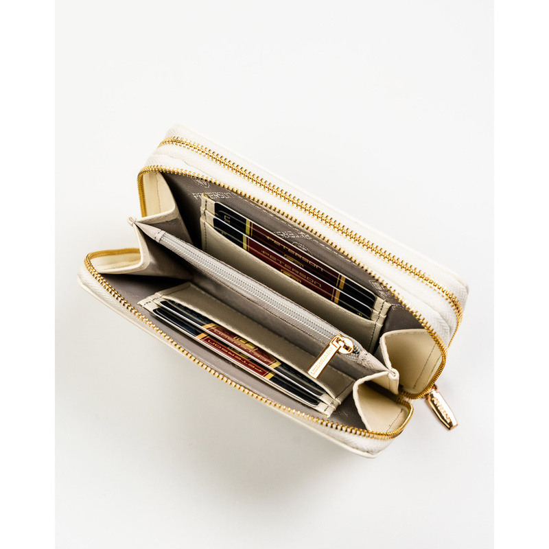 Portfel damski w typie piórnika ze skóry ekologicznej w białym kolorze, wyposażony w system RFID - Peterson