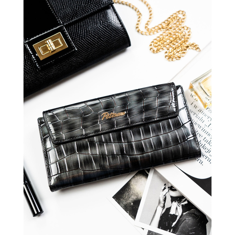 Szary portfel damski ze skóry ekologicznej zamykany na zatrzask - Peterson