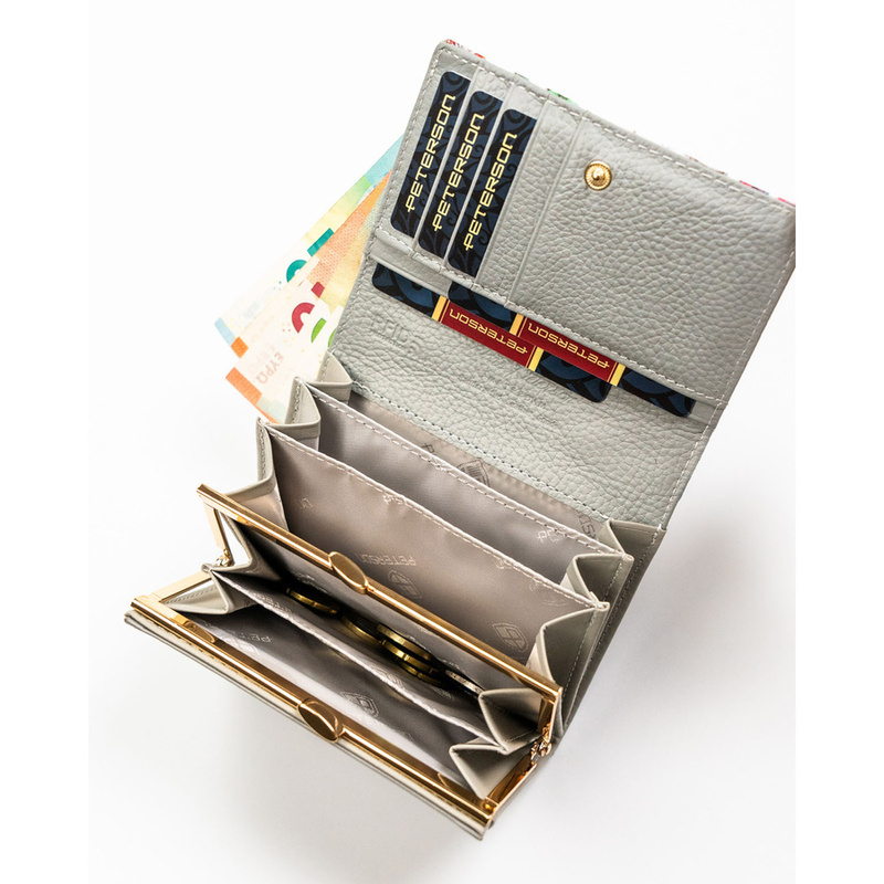 Wielokolorowy portfel damski ze skóry naturalnej zamykany zatrzaskiem i biglem - Peterson