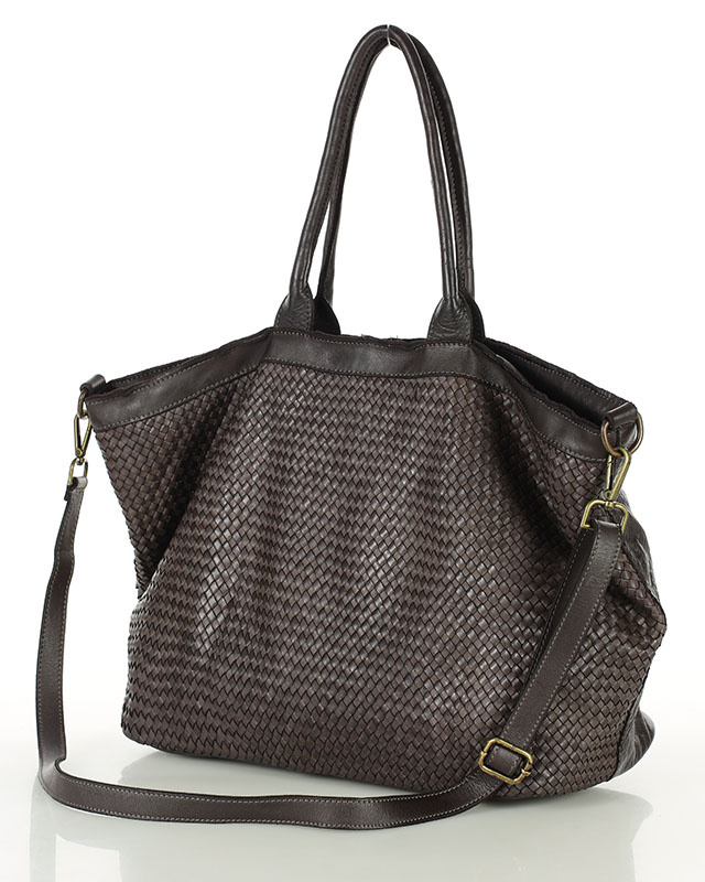 Duża torba shopper z plecionej skóry naturalnej - MARCO MAZZINI ciemnobrązowa caffe