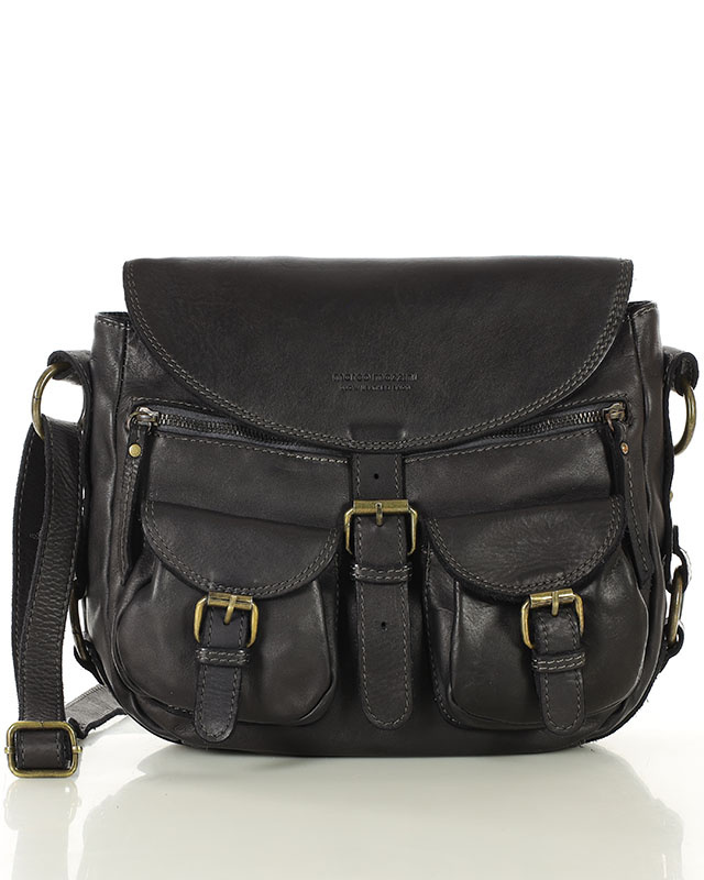 MARCO MAZZINI Skórzana torebka listonoszka z kieszeniami safari handmade bag czarna