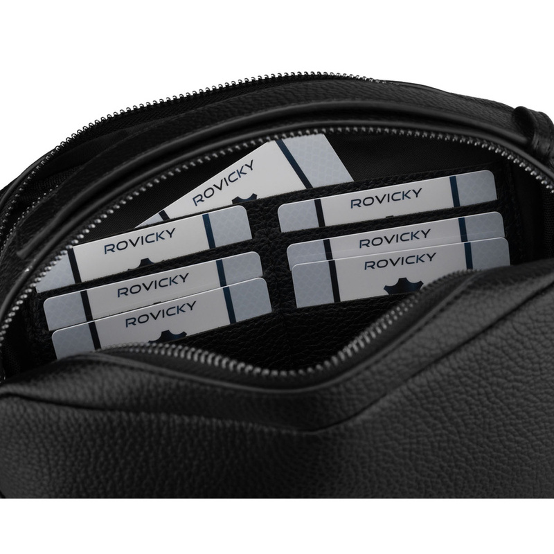 Elegancka saszetka męska ze skóry ekologicznej w czarnym kolorze zamykana suwakiem - Rovicky
