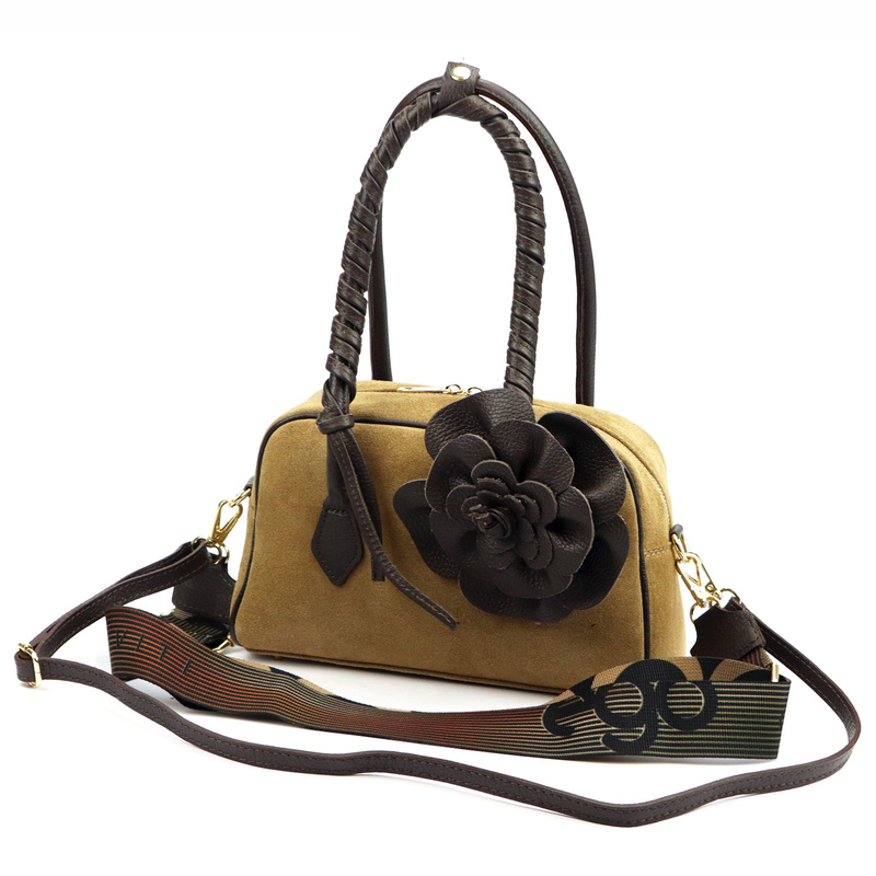 EGO damska listonoszka na ramię mała skóra naturalna ze skórzanym kwiatem