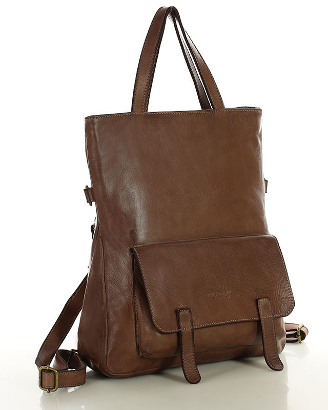 Skórzana torebka plecak z kieszenią z przodu - MARCO MAZZINI czekoladowy brąz